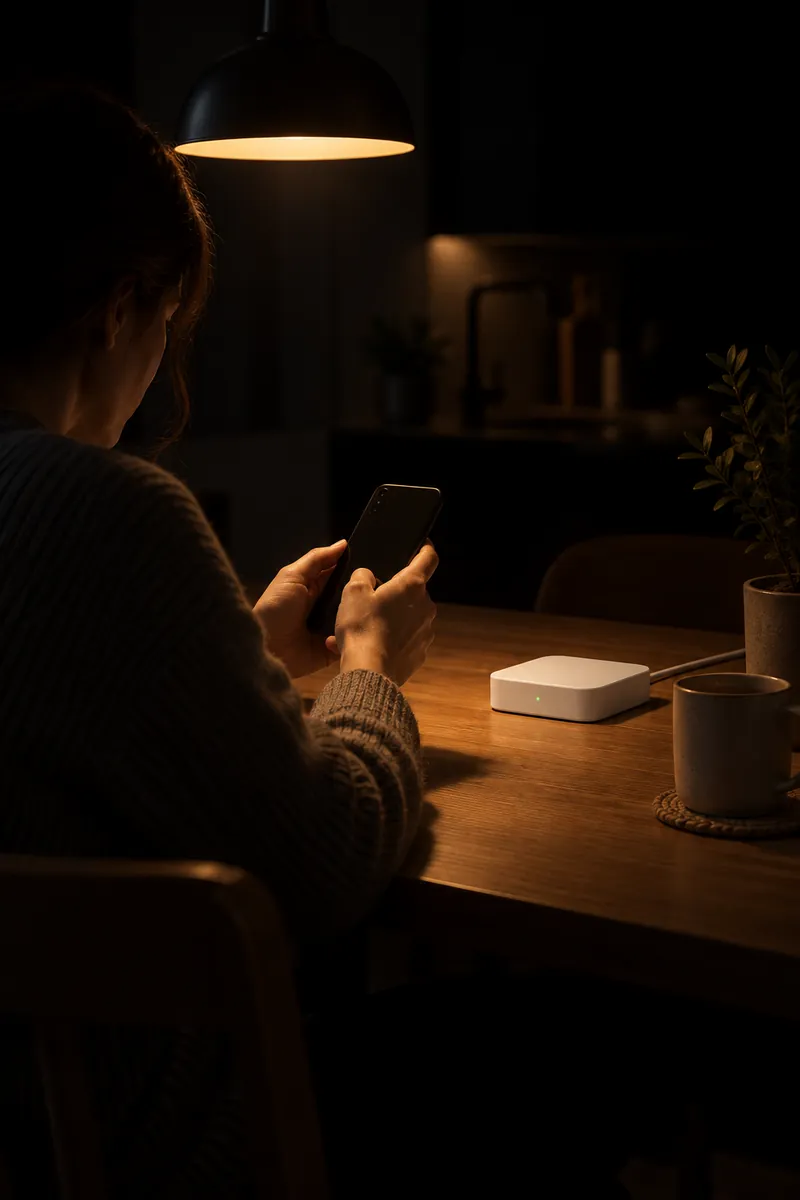 Somebody sitting at their kitchen table in the evening, checking their phone, with the EarnBase box on the table beside them.