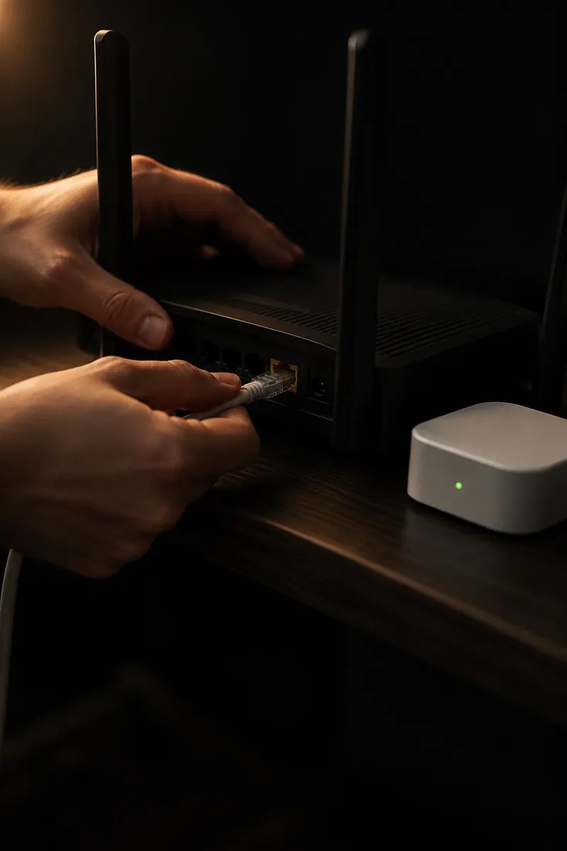Two hands pushing the thin white cable into a socket on the back of a home router, with the EarnBase box sitting on the shelf beside it, its light already green.